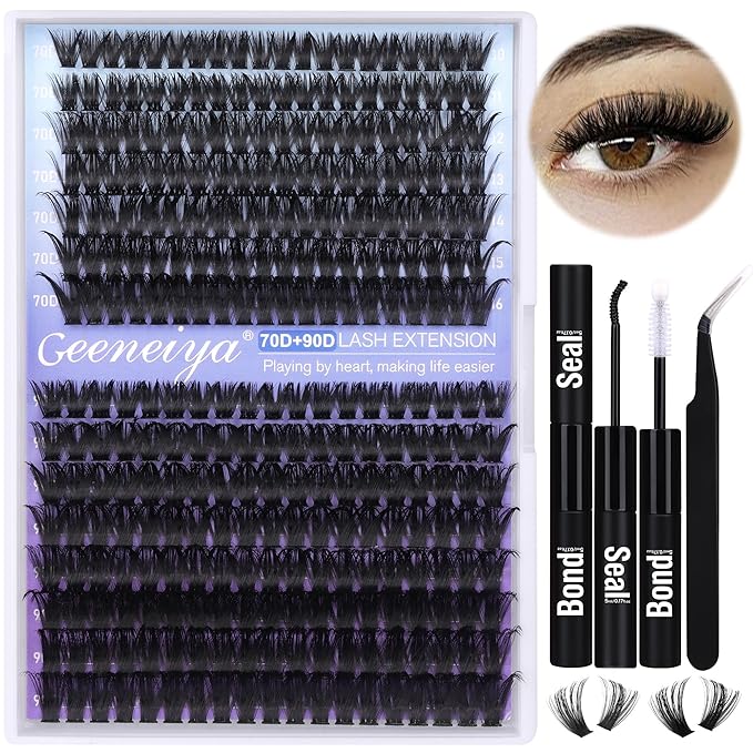 Geeneiya Wispy Lash Clusters Kit 70D+90D Lash Extension Kit 10-18mm Natural Cluster Eyelash Extensions Kit Individual Lashes with Waterproof Lash Bond and Seal Glue, Lash Tweezers (300PCS)