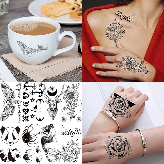 66 Sheets 3D Small Black Temporary Tattoos For Women Men Waterproof Fake Tattoo Stickers For Face Neck Arm Children Flower Birds Star Realistic Tatoo Kits For Boy Girls Adults