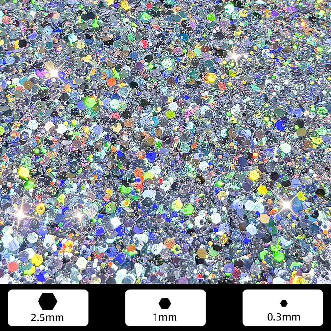 GlimmerLife Silver Chunky Glitter, 150G/5.29OZ, Craft Glitter, Metallic Iridescent, Holographic, DIY Decorations