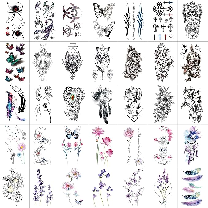 71 Sheets Small Cute Temporary Tattoos For Women Men Hands Neck Finger, Floral Space Moon Fake Long Lasting Tattoos Adults, Lavender Anchor Panda Halloween Snake Dragon Tiger Lion Animals Tattoos