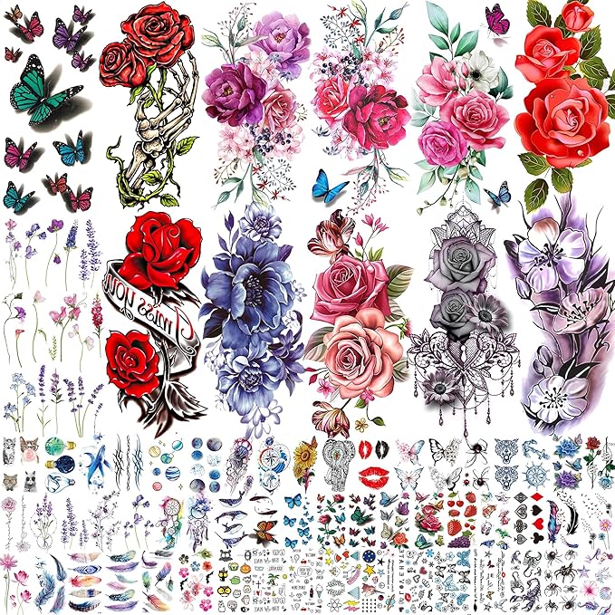 66 Sheets Peony Rose Flower Temporary Tattoos For Women Adults Thigh, 3D Lavender Butterfly Fake Tattoos Girls Arm Sleeve, Realistic Watercolor Floral Temp Tattoo Sticker Finger Tatoos Neck