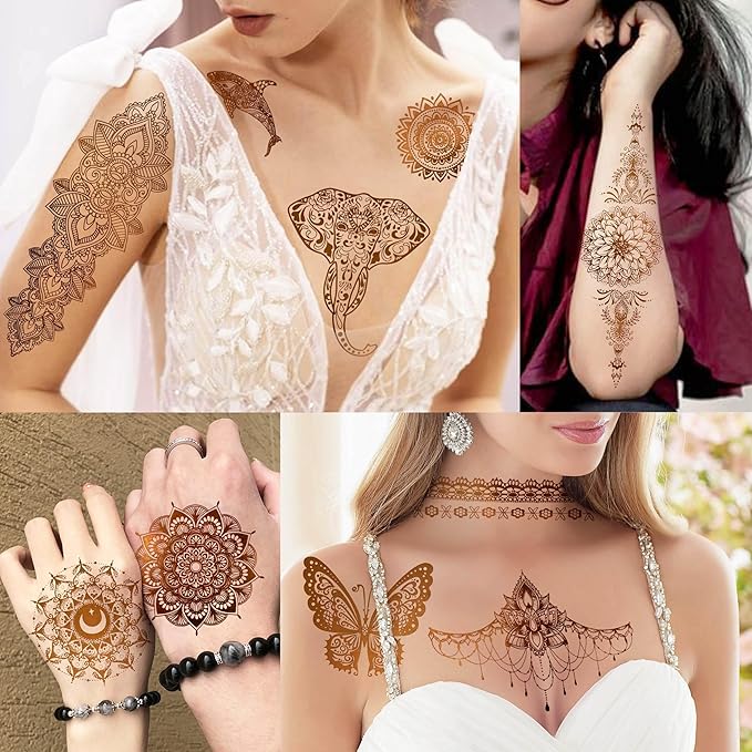 9 Sheets 95+ Patterns Flash Gold Temporary Tattoos For Women, Vintage Indian Tribal Bohemia Lotus Mandala Flower Fake Jewels Tattoo Sleeve For Adults, Glitter Golden Metallic Tatoo Sticker