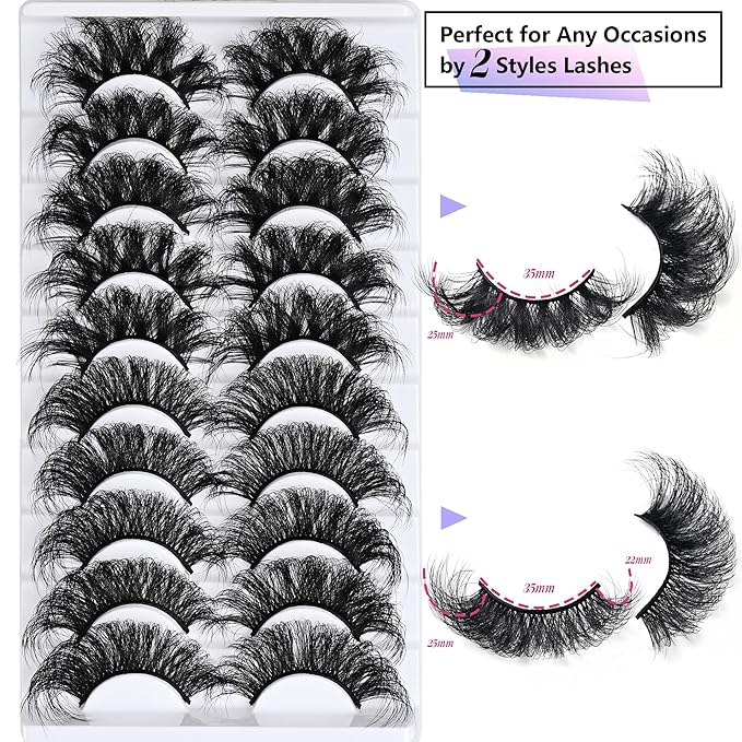25 mm Lashes Long Dramatic Lashes Wispy D Curl 25mm Lashes Full Volume False Strip Lashes Thick Fluffy Long Fake Mink Eyelashes(2 Styles)