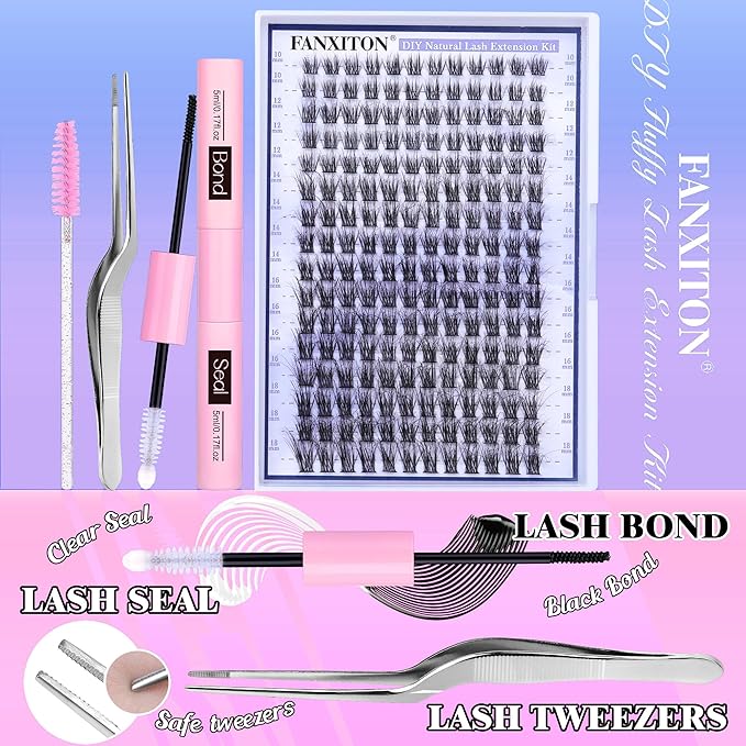 FANXITON Natural Lash Extension Kit D Lash Clusters 288 pcs 10-18 mm Mix DIY Eyelash Extension Kit with Lash Bond and Seal Lash Tweezers Individual Lashes For Beginners