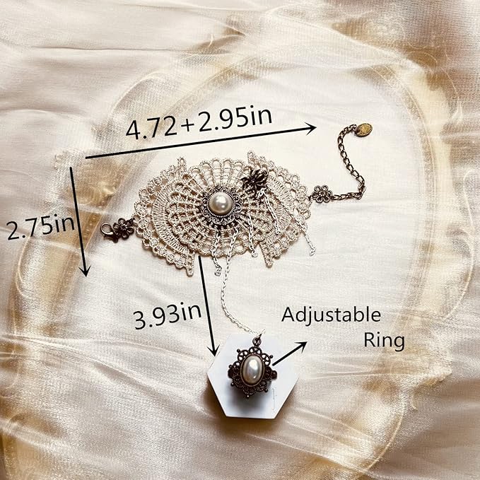 Gothic Pearl Lace Steampunk Wristband Vintage Pearl Pendant Tassel Lace Hand Chain with Finger Ring Lolita Lace Hand Accessories for Women and Girls (Style 1)