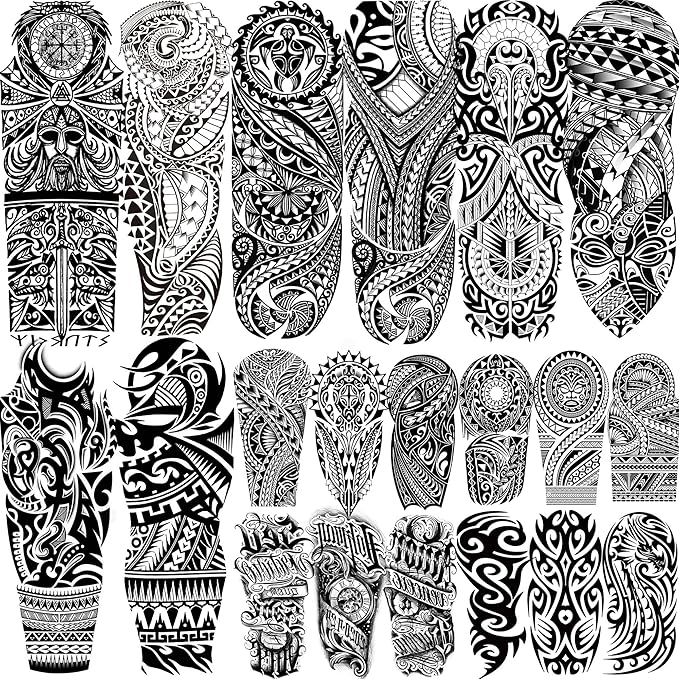 20 Sheets Maori Full Arm Sleeve Temporary Tattoos For Men Women Thigh, Fake Tattoo Sleeve For Adults, Tribal Indian Long Lasting Halloween Black Turtle Maori Tattoo Stickers Faith Belief Totem Armband