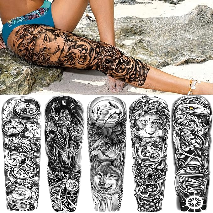 FANRUI 24 Sheets Cool Super Large Full Arm Temporary Tattoo Sleeve For Men with 8 Sheets For Women Thigh, 16 Sheets Flower Eagle Compass Adults Tribal Tiger Tatoo