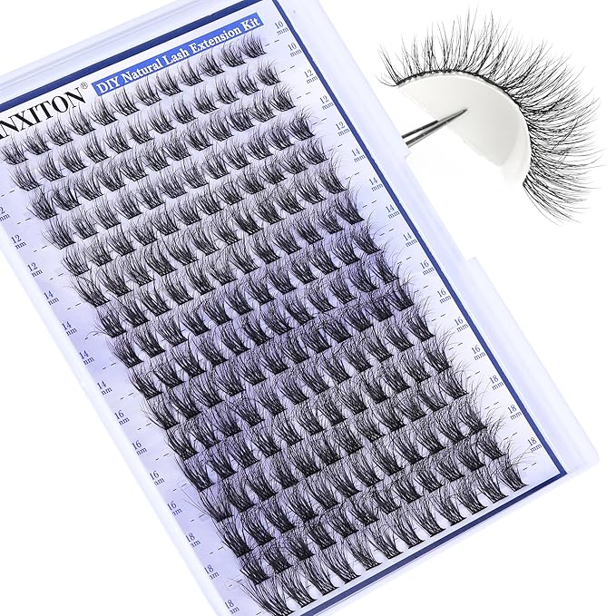 FANXITON Natural Lash Extension Kit D Lash Clusters 288 pcs 10-18 mm Mix DIY Eyelash Extension Kit with Lash Bond and Seal Lash Tweezers Individual Lashes For Beginners
