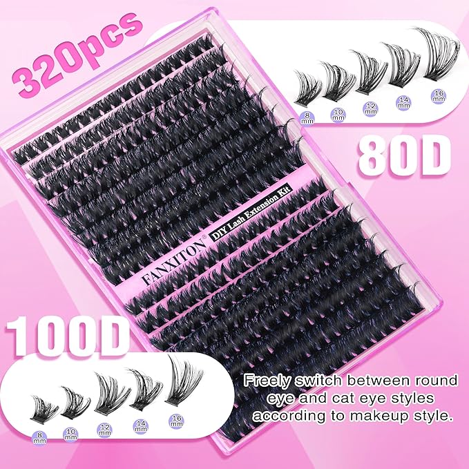 DIY Lash Extension Kit Volume Thick Lash Clusters 80D+100D 320 pcs Individual Lashes D Eyelash Extension Kit Lash Bond and Seal and Tweezers for Lash Clusters Kit DIY at Home