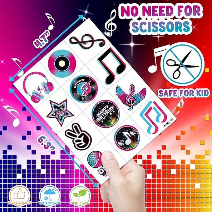 (96PCS) Music Note Notes Musical Motivational Pre-Cut Temporary Tattoos for Kids Birthday Themed Party Supplies Decorations Favors Super Cute Instrument Stickers Tattoo (Normal)