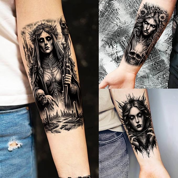 67 Sheets Black Gothic Temporary Tattoos For Men Women, Halloween Death Devil Evil Spirit Satan Fiend Demon Half Arm Sleeve Tattoo Stickers Scary Face Vampire Zombies, Prison Fake Tattoos For Adults
