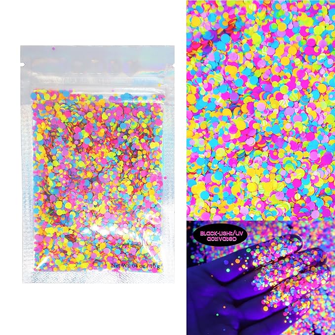Rainbow Circles Face & Body Glitter - Chunky Glitter - UV Avtivated - Uses Include: Festival Rave Makeup Face Body Nails Resin Arts & Crafts, Resin, Tumblers, Bath Bombs - Multi-Size Circle Shape