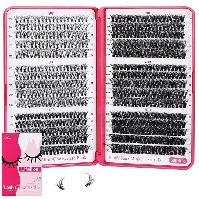 Lash Clusters 600PCS - Eyelash Clusters 20D+30D+40D+50D+60D+80D Wispy Individual Lashes D Curl Lash Extension 10-18MM Natural Lash Clusters DIY Cluster Eyelash Extensions for Beginners