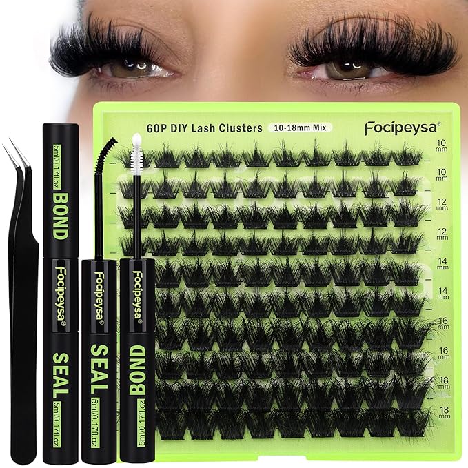 Focipeysa Lash Clusters DIY Lash Extension Kit 60P Eyelash Extension Wispy Individual Lashes Extension with Bond and Seal Glue, Lash Applicator DIY at Home for Beginner (60P 10-18MM)