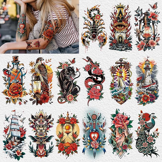 Cerlaza 79 Sheets Classic Temporary Tattoos for Adult Women Men, American Old School Fake Tattoos Sleeve, Realistic Traditional Colorful Flower Animal Half Arm/Tiny Tattoo Stickers