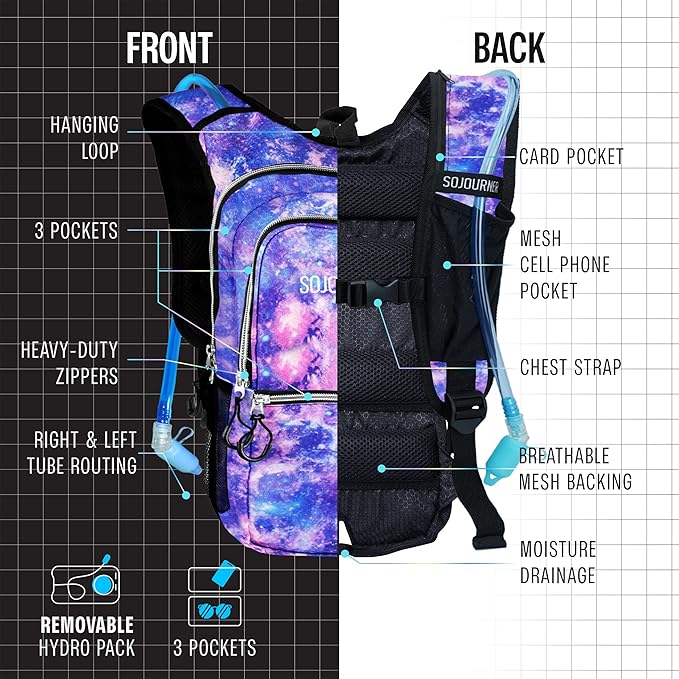 Galaxy Medium 3Pockets Hydration Pack bundle with 16 Pack Chunky Holographic Glitters