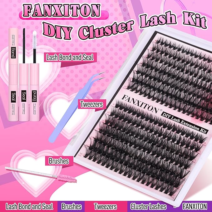 FANXITON DIY Lash Extension Kit Volume Lash Clusters 40D+50D D Curvature Individual Lashes Lash Clusters Kit Thick Eyelash Extension Kit 280 pcs Thin Band Cluster Lashes Lash Bond and Seal Tweezers