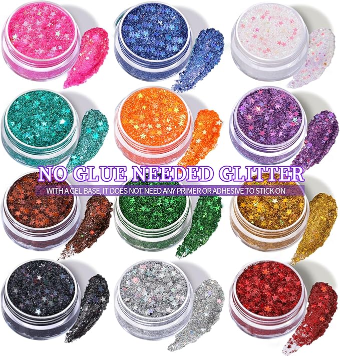 Teenitor Face Glitter Gel Set, No Glue Body Glitter, Festival Makeup Glitter for Face, Body, Hair, Total 120g/4.23oz, 12 Color