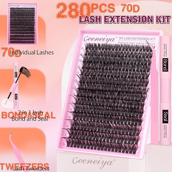Geeneiya Full Lash Extension Kit 10-18MM Volume Eyelash Extension Kit D Curl Cluster Lashes Individual Eyelashes Kit with Waterproof Lash Bond and Seal, Lash Tweezers (10-18MM, 280Pcs, 70P)
