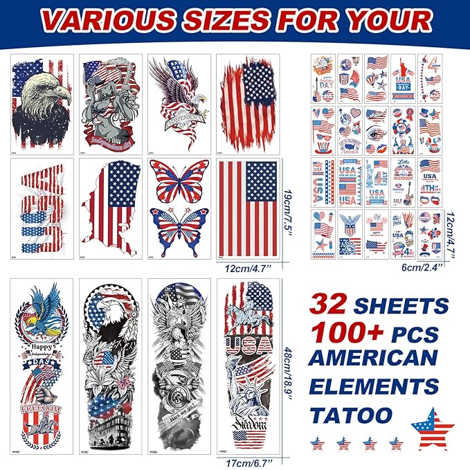 Independence Day Temporary Tattoo,4th of July Sleeve Tattoo, American Flag Fake Tattoos,Red White and Blue Party Supplies,USA Flag, Memorial Day, Labor Day