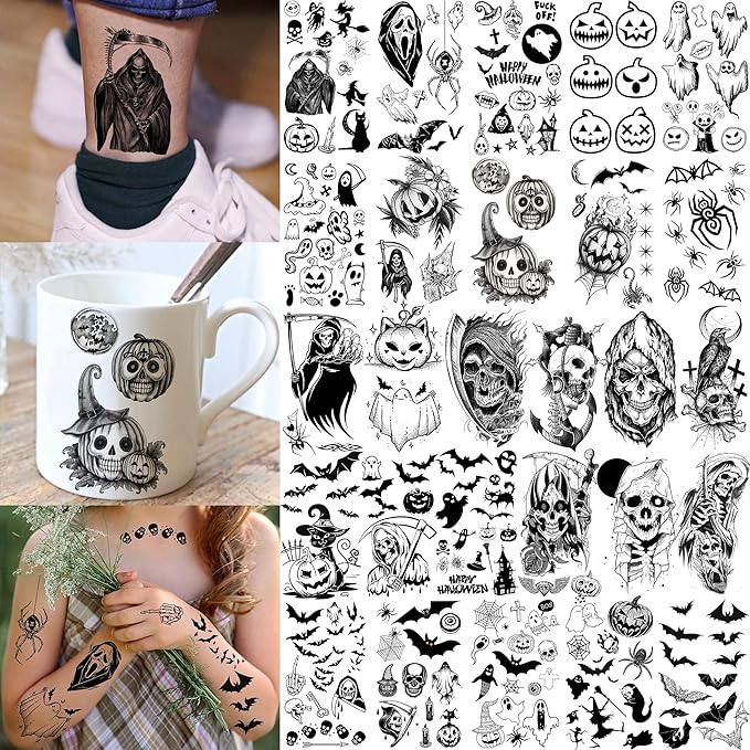 52 Sheets Halloween Temporary Tattoos For Kids Boys Girls Women Men, 3D Scary Skull Skeleton Fake Tattoos Sticker For Adults, Small Ghost Vampire Bat Pumpkin Spider Temp Transfer Tatoos Devil