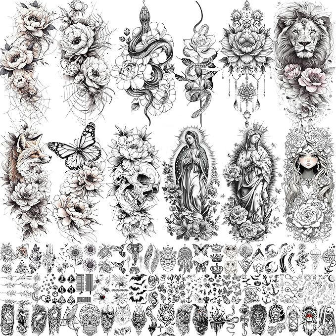 75 Sheets Black Realistic 3D Rose Flowers Temporary Tattoos For Women Girls Adults, Guadalupe Virgin Mary Lotus Snake Peony Florals Blossom Fake Tattoo Stickers Forearm Lion Fox Spider Web Skull Lotus