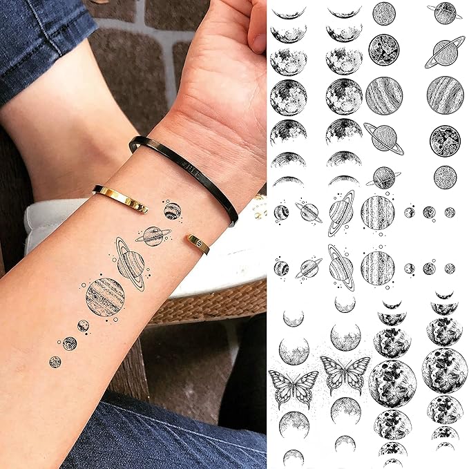 15 Sheets Realistic Space Planets Chain Temporary Tattoos For Women Men Arm Neck, Butterfly Solar System Moon Sun Star Fake Tattoo Sticker, Small Universe Tatoos Kids Girls Boys Forearm Body