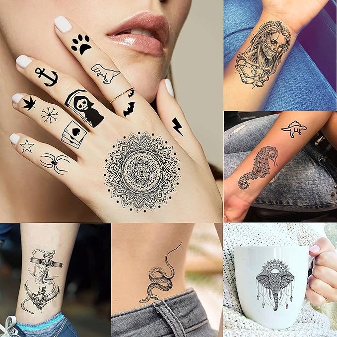 69 Sheets Realistic Peony Rose Flower Temporary Tattoos For Women Girls Arm Thigh, Owl Tiger Floral Waterproof Long Lasting Temp Fake Tattoos For Women, Small Black Tattoo Stickers Kids Finger