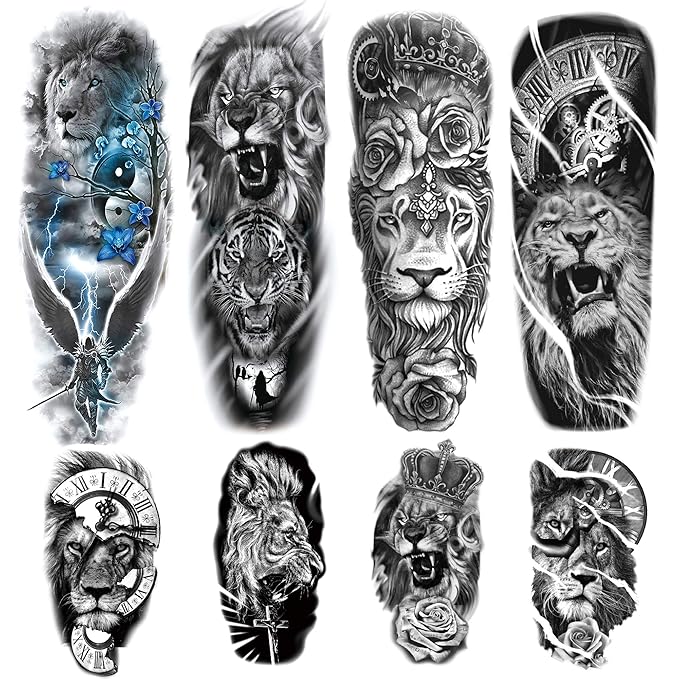 Lion Tattoos 4-Sheet Full Sleeve and 4-Sheet Half Sleeve Sticker Makeup Props for Men, Women & Kids