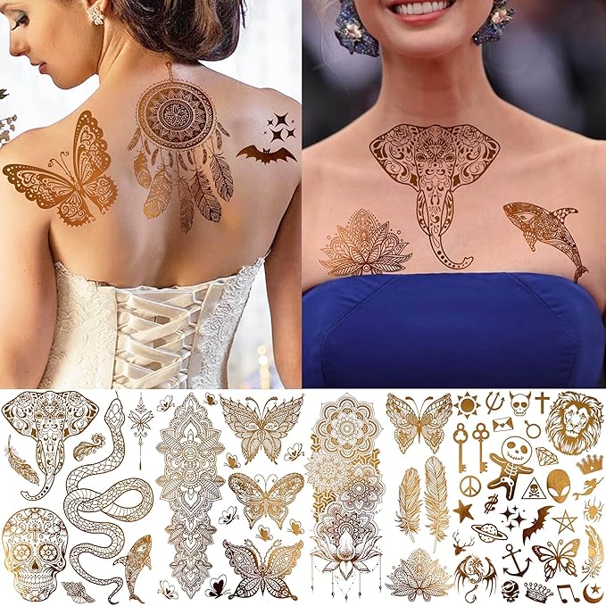 9 Sheets 95+ Patterns Flash Gold Temporary Tattoos For Women, Vintage Indian Tribal Bohemia Lotus Mandala Flower Fake Jewels Tattoo Sleeve For Adults, Glitter Golden Metallic Tatoo Sticker