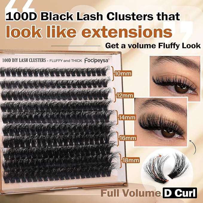 Thick Eyelash Extension Kit Volume Lash Clusters Kit 10-18mm Individual Lashes Clusters 100D DIY Lash Extension Kit 200pcs Clusters Lash with Bond and Remover Lash Applicator by Focipeysa