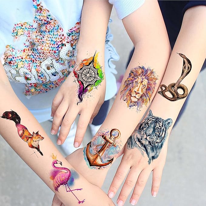 55 Sheets 3D Watercolor Temporary Tattoos For Women Men Adults Kids - Realistic Animal Print, Tribal, Floral, Halloween Designs - Multicolor - Waterproof - Ages 3+