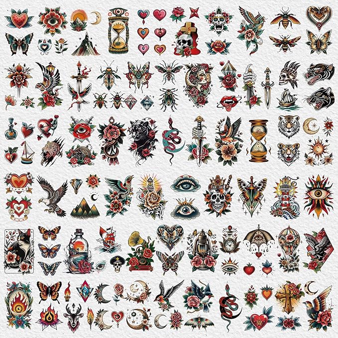 Cerlaza 79 Sheets Classic Temporary Tattoos for Adult Women Men, American Old School Fake Tattoos Sleeve, Realistic Traditional Colorful Flower Animal Half Arm/Tiny Tattoo Stickers