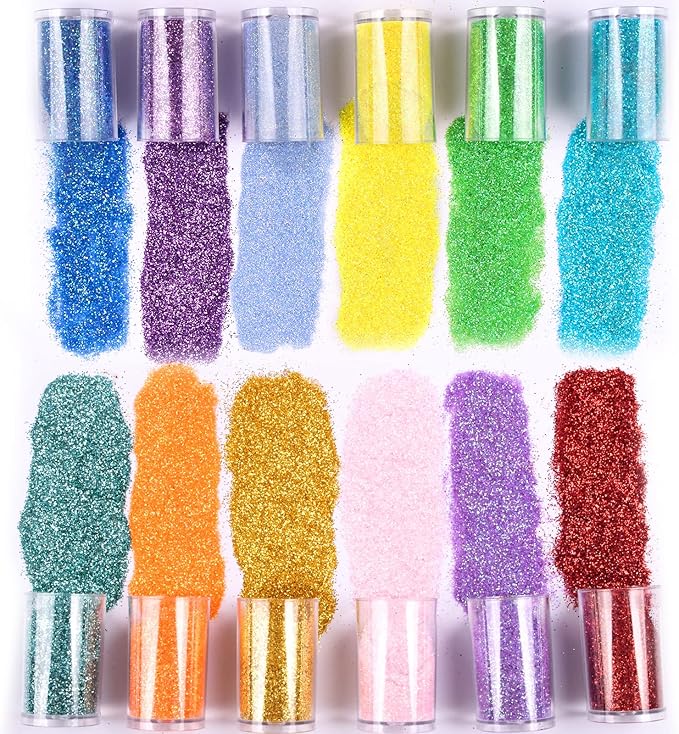 Pack of 45 Colors Iridescent Fine Glitter,Licool Extra Fine Holographic Glitter for Epoxy Resin DIY Craft,Nail Art,Body Hair Face Make up Powder,Slime Candle Tumbler Making Metalic