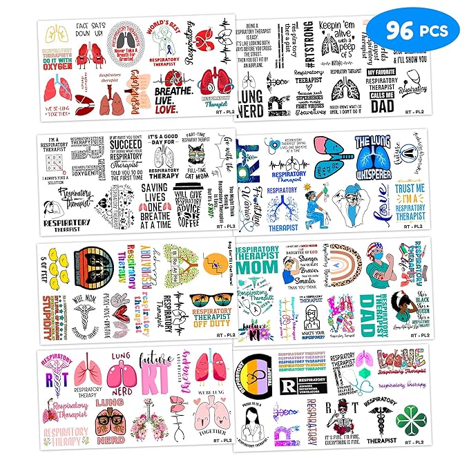 (96PCS) Best Respiratory Therapist Care Week Temporary Tattoos Birthday Themed Party Supplies Decorations Favors Cute Funny Lung Nerd Stickers Tattoo Gifts for Kids Girls Boys Women Decor Class Reward