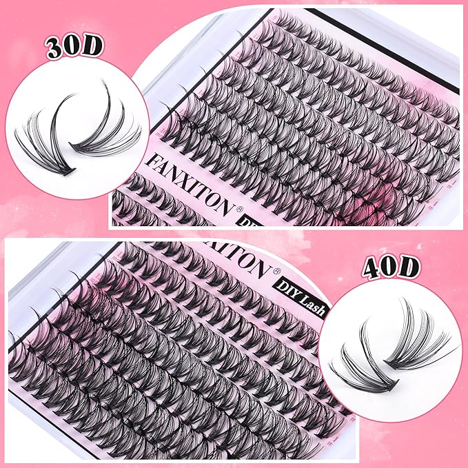 DIY Lash Extension Kit Natural Lash Clusters 30D+40D Mix 9-16 mm D lndividual Lashes Lash Remover 280 pcs Wispy Eyelash Extension Kit with Lash Bond and Seal and Lash Tweezers by FANXITON