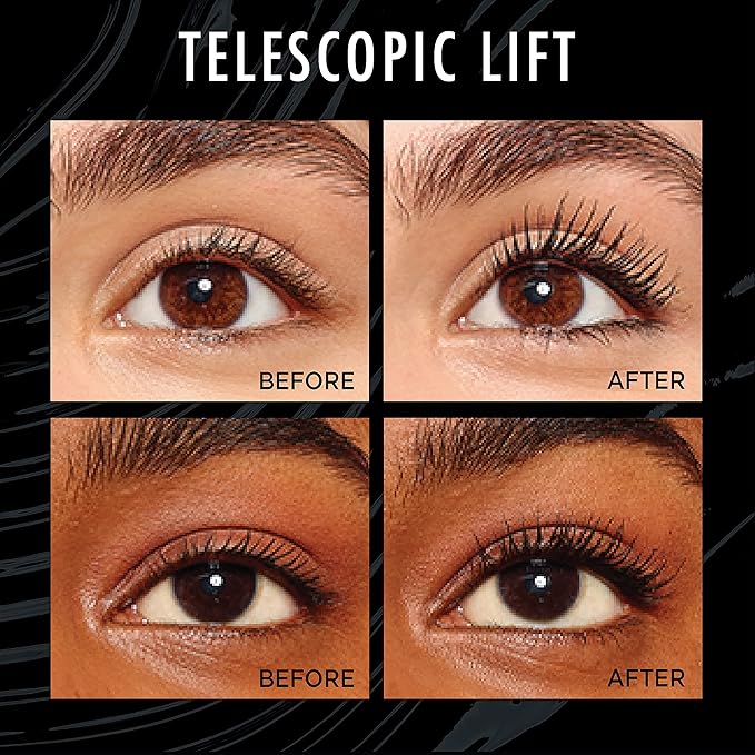 L'Oreal Paris Telescopic Lift Mascara, Lengthening and Volumizing Eye Makeup, Lash Lift with Up to 36HR Wear, Washable, Blackest Black, 0.33 Fl Oz