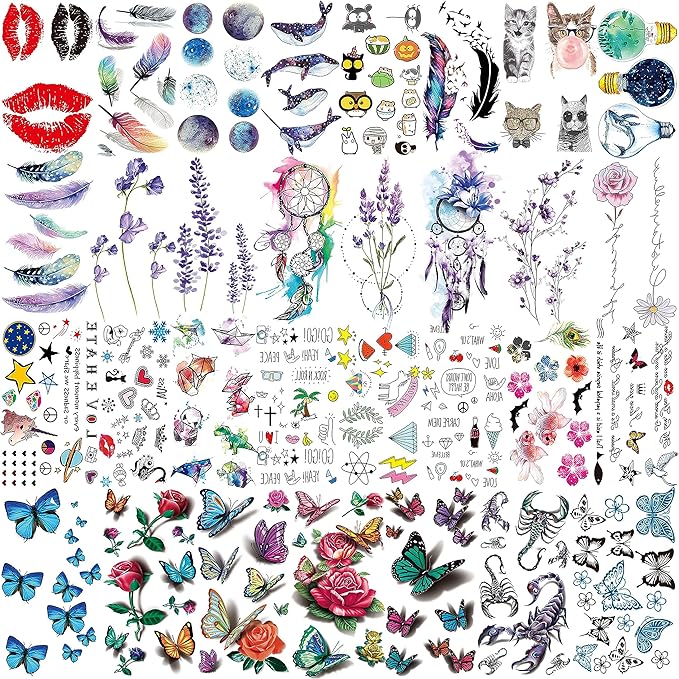 66 Sheets 430+ PCS Cute Temporary Tattoos For Women Men Adults, Watercolor Butterfly Flower Lavender Fake Tattoo Stickers Kids Boys Girls, Black Star Animals Space Temp Tattoos Dragon Wolf Lion