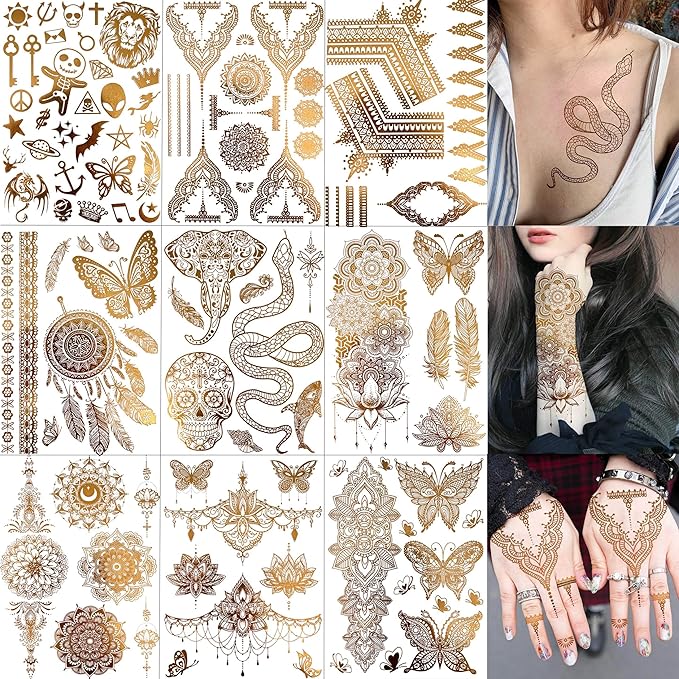 9 Sheets 95+ Patterns Flash Gold Temporary Tattoos For Women, Vintage Indian Tribal Bohemia Lotus Mandala Flower Fake Jewels Tattoo Sleeve For Adults, Glitter Golden Metallic Tatoo Sticker