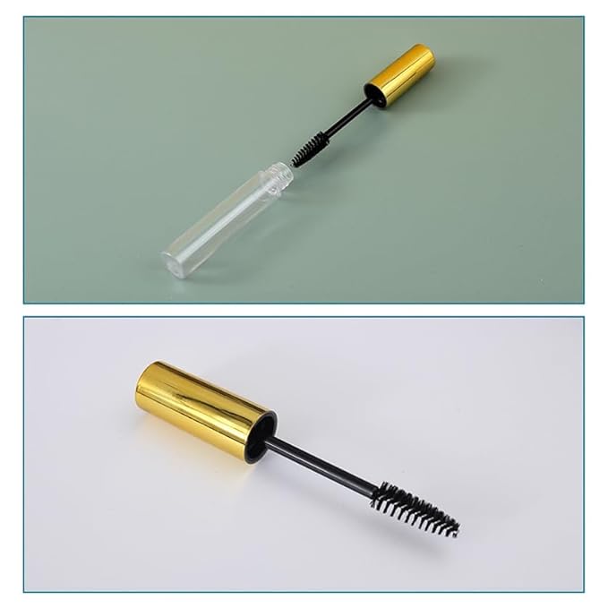 6 Pcs 10 ml Empty Mascara Tubes with Wands and Rubber Inserts Clear Plastic Refillable Eyelash Bottle Mascara Container for DIY Cosmetics (Gold)