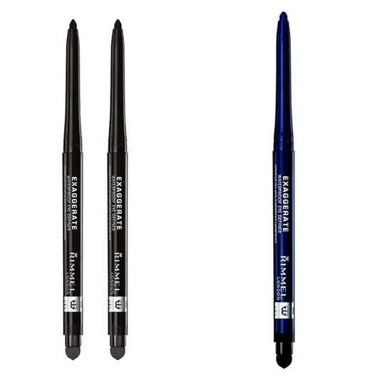 Rimmel London Exaggerate Waterproof Eye Definer Bundle, Blackest Black & Deep Ocean, Built-In Smudger and Sharpener