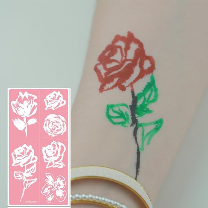 XMASIR Tattoo Kit, Temporary Tattoos Stencils 18 Sheets Pink Henna Tattoo Templates Flower Sun Moon Indian Arabian Face Body Paint DIY for Girls Women (Pink)