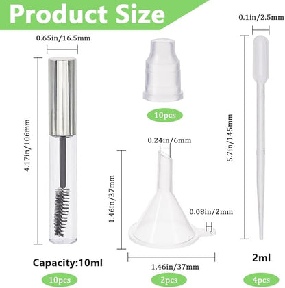 GORGECRAFT 10Pcs 10ml Empty Mascara Tube Bottle Transparent Plastic Eyelash Cream Containers Tubes Bottles with 4Pcs 2ml Dropper 2Pcs Mini Funnel Hopper for Castor Oil DIY Cosmetics Kit