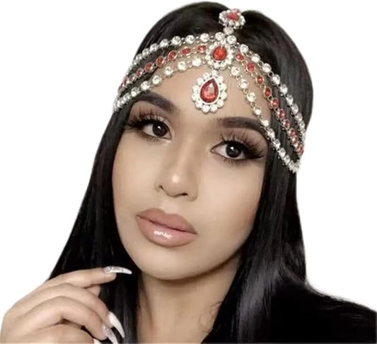 Xerling Red Crystal Pendant Head Chain Boho Layered Rhinestones Forehead Headpiece Tassel Head Jewelry for Women Wedding Hair Clip Accessories for Brides (Red-Gold)