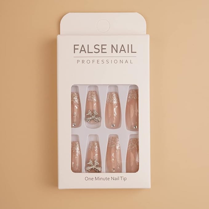Xerling Silver Glitter Press on Nails with Bow Coffin Fake Nails Full Cover Transparent False Nails Bling Stick on Nails 24Pcs