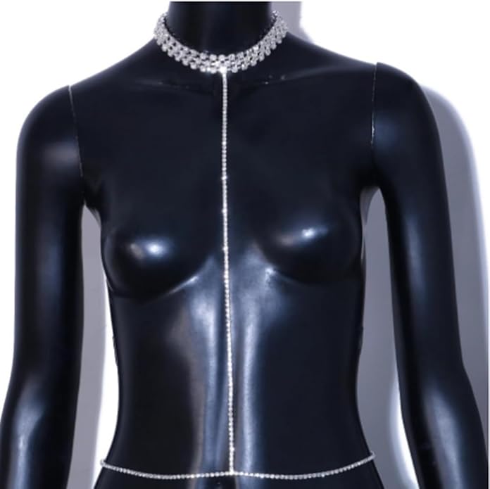 Wiwpar Boho Sparkly Silver Rhinestone Bra Necklace Body Chest Chain Belly Waist Chain Crystal Choker Body Necklace Sexy Summer Bikini Beach Nightclub Party Rave Body Chain for Women