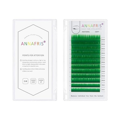 Colored Eyelash Extension Easy Fan Green 0.10 L Curl 8-15mm Mixed Volume Lash Extension Individual False Eye Lashes With Color By ANNAFRIS (Easy Fan Green,0.10 L 8-15mm Mix)