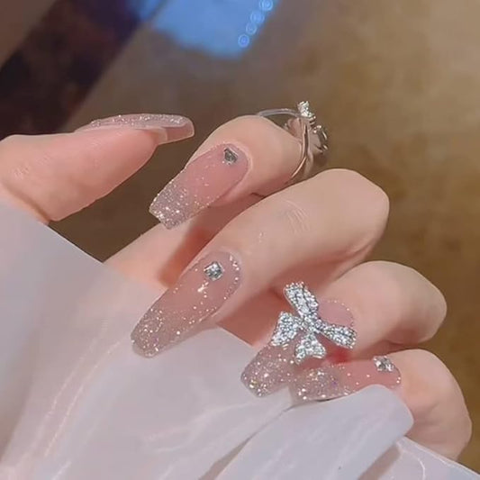 Xerling Silver Glitter Press on Nails with Bow Coffin Fake Nails Full Cover Transparent False Nails Bling Stick on Nails 24Pcs