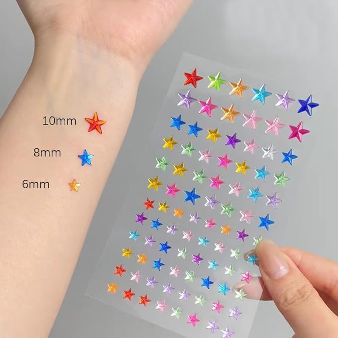 Stars Pattern Face Gems Jewels Self Adhesive Rhinestones Halloween Rave Featival Makeup Body Face Eye Hair Gems Stickers Women Festival Accessory Crafts Decorations (Red Purple Pink Gold Blue Stars)