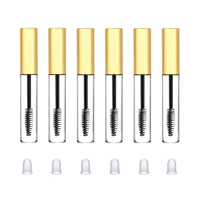 6 Pcs 10 ml Empty Mascara Tubes with Wands and Rubber Inserts Clear Plastic Refillable Eyelash Bottle Mascara Container for DIY Cosmetics (Gold)